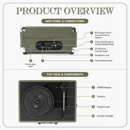 CLAW Stag Portable Pro - Bluetooth Turntable with Built-In Stereo Speaker (Celadon Cream)