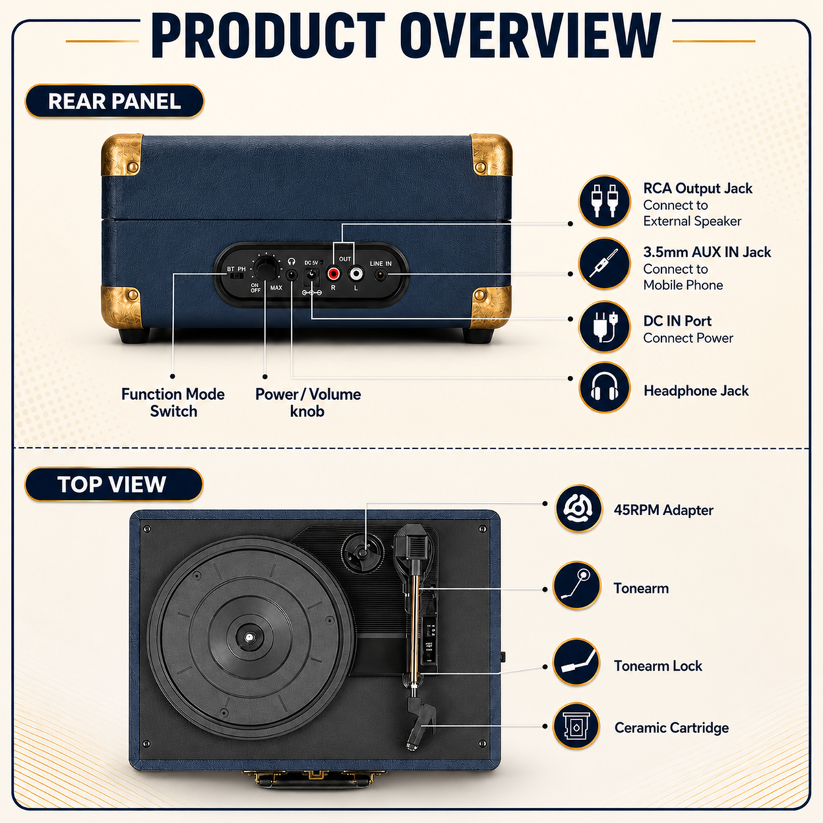CLAW Stag Portable Pro - Bluetooth Turntable with Built-In Stereo Speaker (Dark Blue)