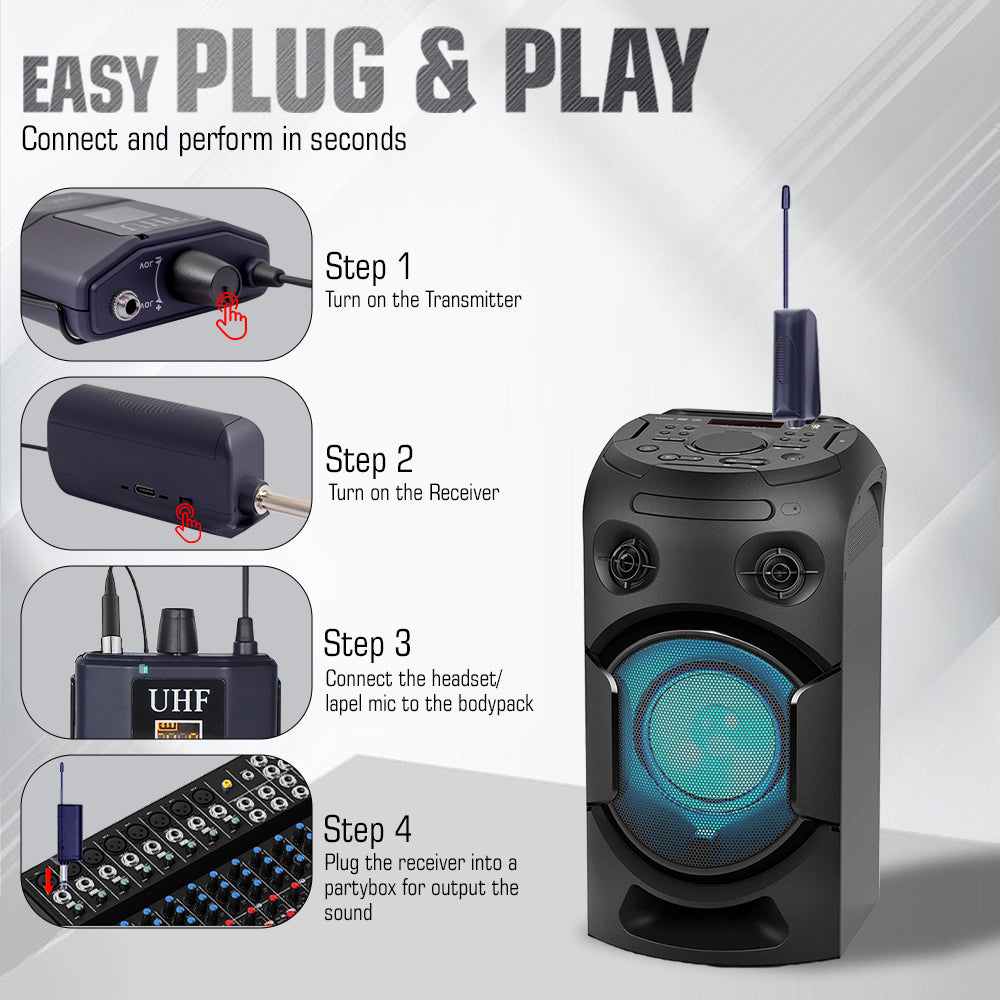 Claw CWSR50L - UHF Wireless Lavalier and Head Microphone with Bodypack Rechargeable Receiver