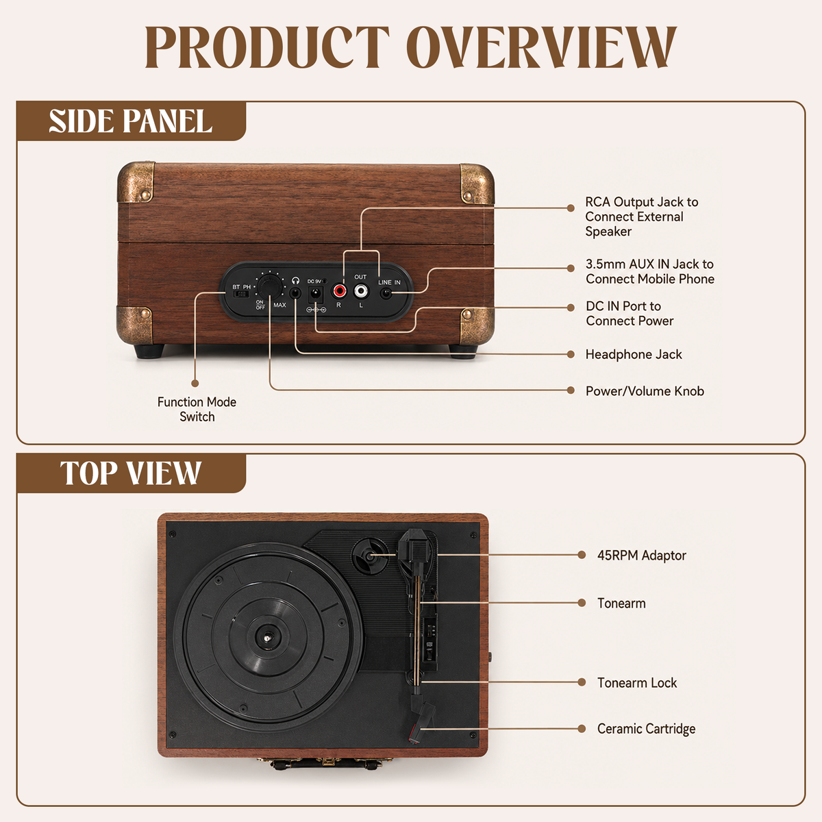 CLAW Stag Portable Pro - Bluetooth Turntable with Built-In Stereo Speaker (Red Wood)