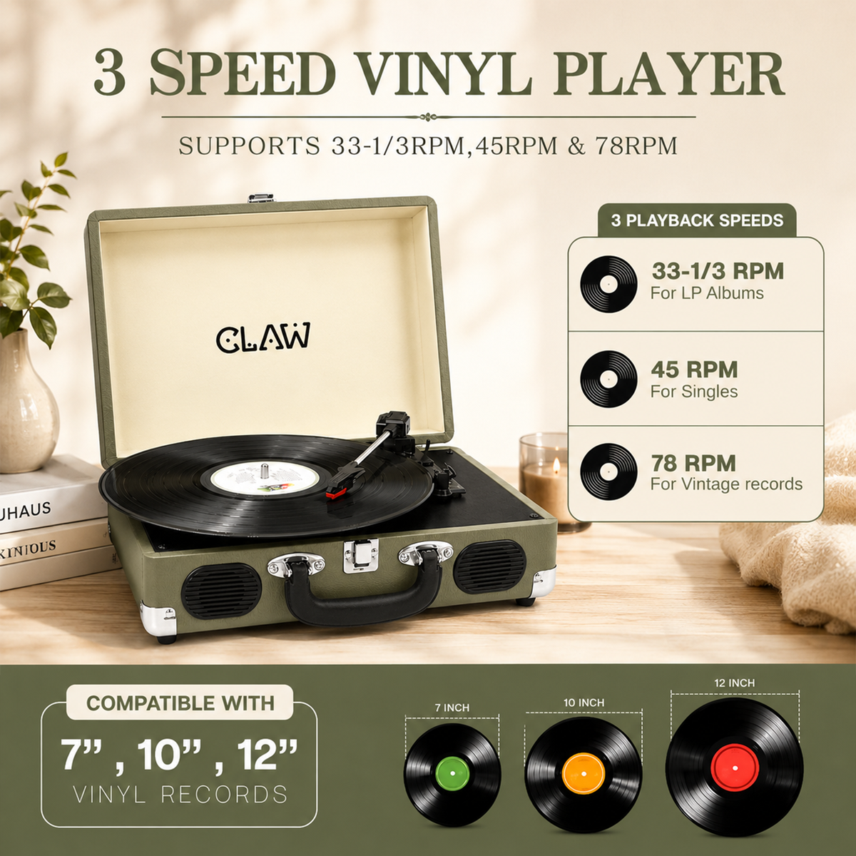 CLAW Stag Portable Pro - Bluetooth Turntable with Built-In Stereo Speaker (Celadon Cream)