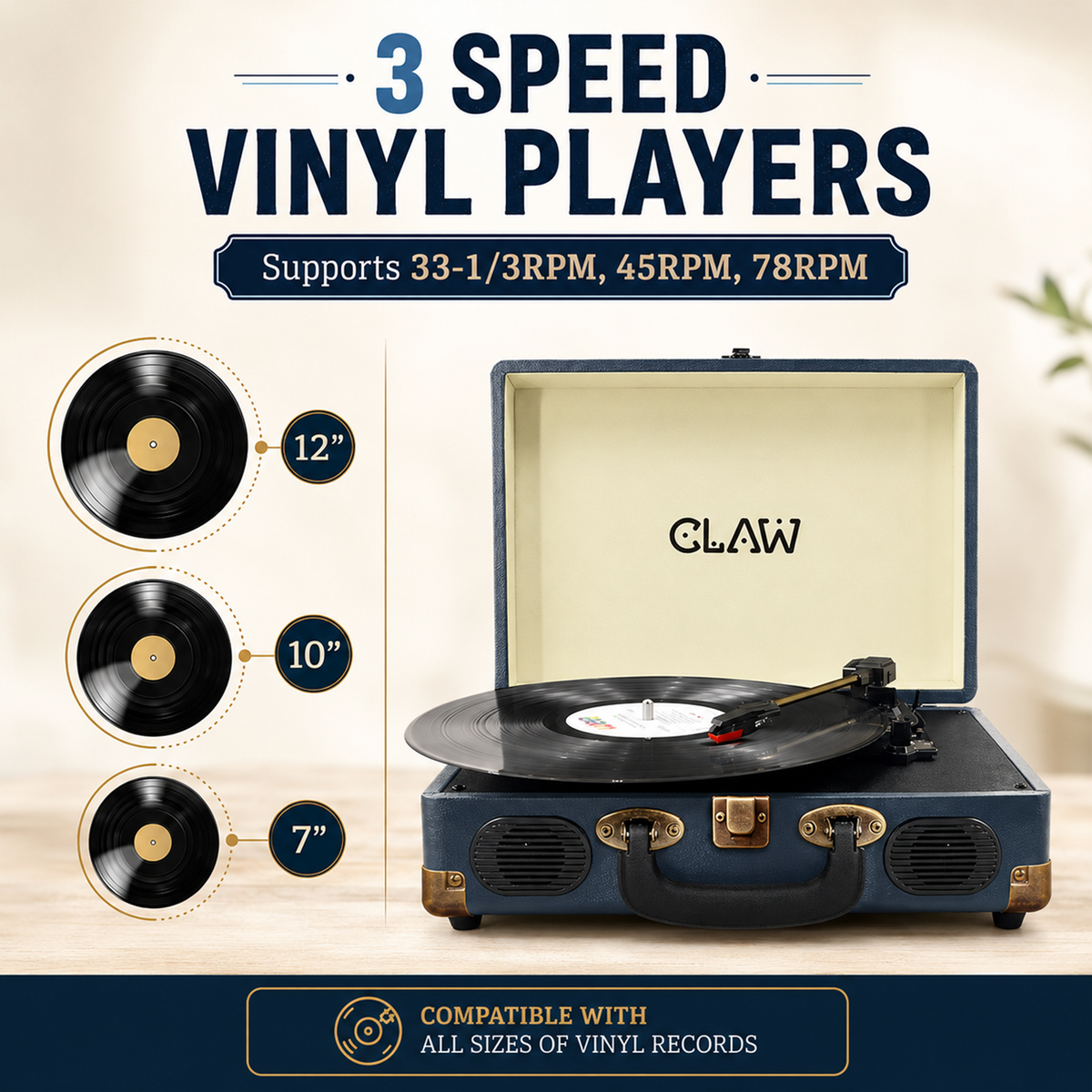 CLAW Stag Portable Pro - Bluetooth Turntable with Built-In Stereo Speaker (Dark Blue)