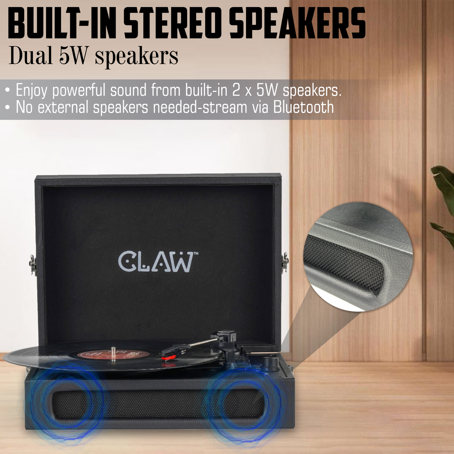 Claw Stag Retro - Bluetooth Turntable with Built-In Stereo Speaker, USB Recording and Play Buttons (Black)