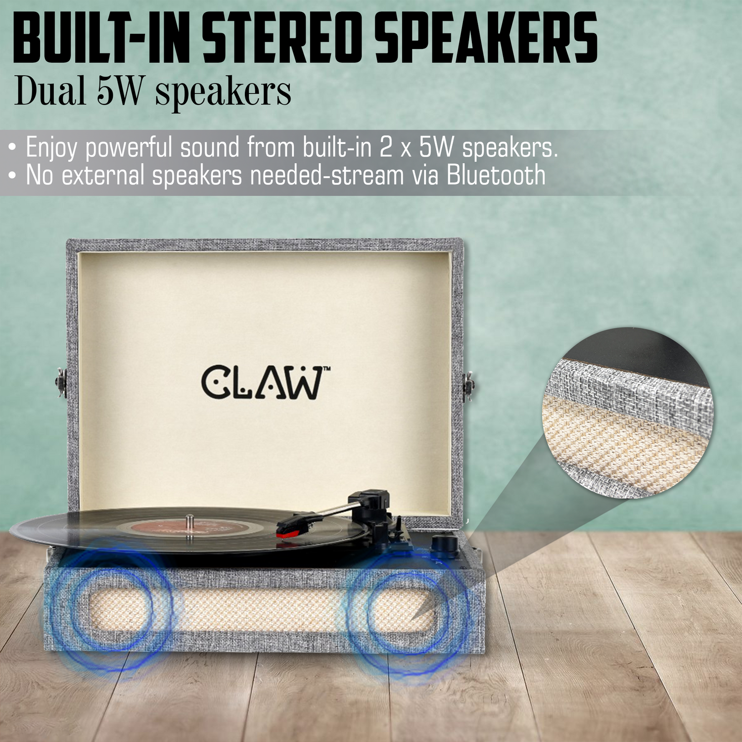 Claw Stag Retro - Bluetooth Turntable with Built-In Stereo Speaker, USB Recording and Play Buttons (Grey)