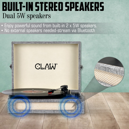 Claw Stag Retro - Bluetooth Turntable with Built-In Stereo Speaker, USB Recording and Play Buttons (Grey)