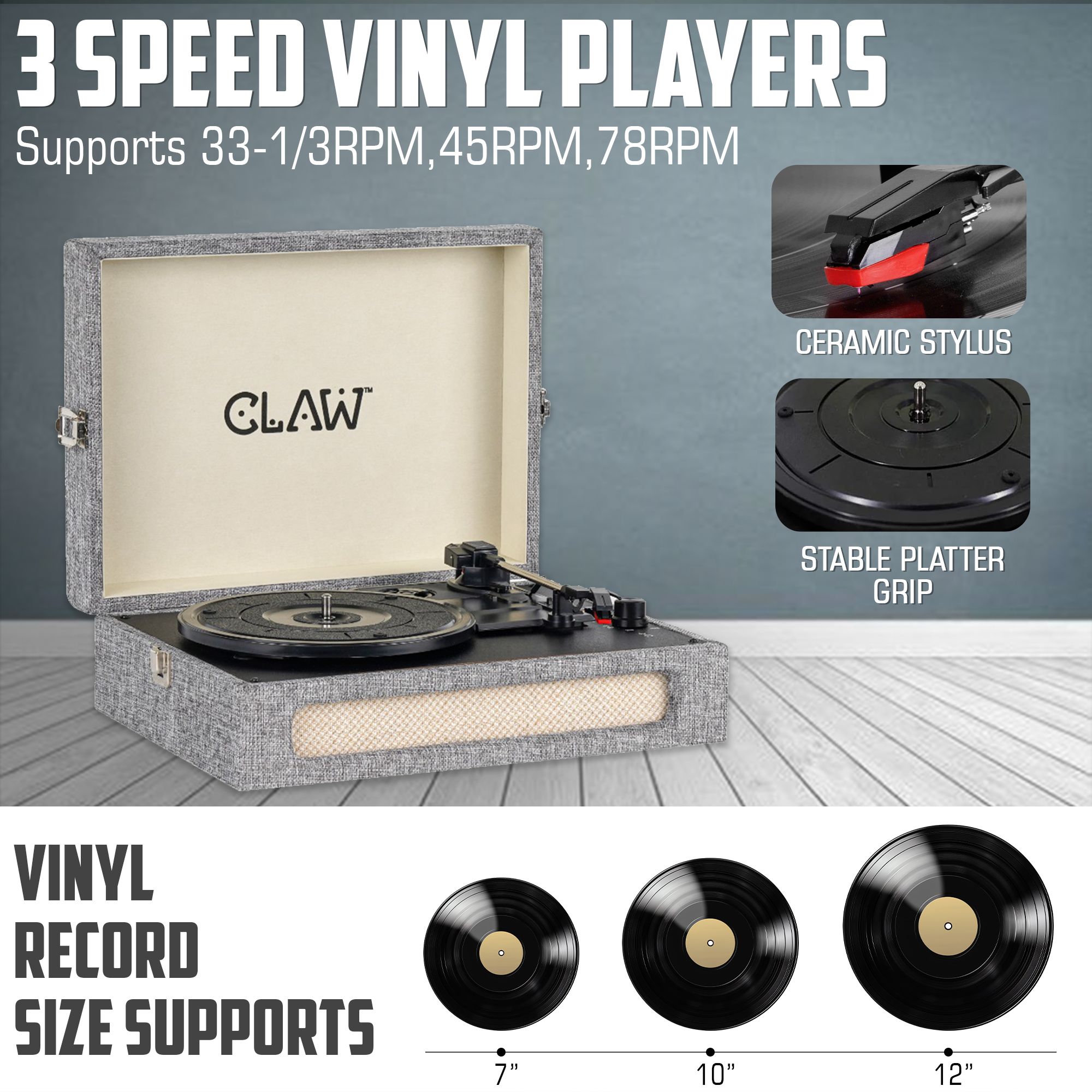 Claw Stag Retro - Bluetooth Turntable with Built-In Stereo Speaker, USB Recording and Play Buttons (Grey)