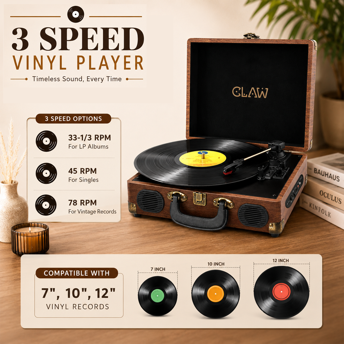 CLAW Stag Portable Pro - Bluetooth Turntable with Built-In Stereo Speaker (Red Wood)