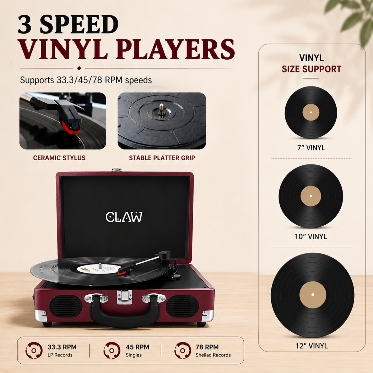 CLAW Stag Portable Pro - Bluetooth Turntable with Built-In Stereo Speaker (Wine Red)