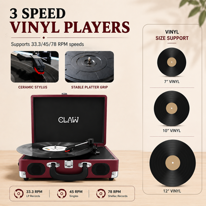 CLAW Stag Portable Pro - Bluetooth Turntable with Built-In Stereo Speaker (Wine Red)