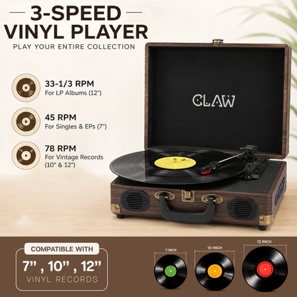 CLAW Stag Portable Pro - Bluetooth Turntable with Built-In Stereo Speaker (Brown Wood)