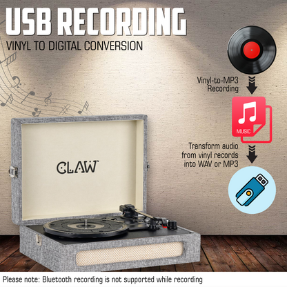 Claw Stag Retro - Bluetooth Turntable with Built-In Stereo Speaker, USB Recording and Play Buttons (Grey)