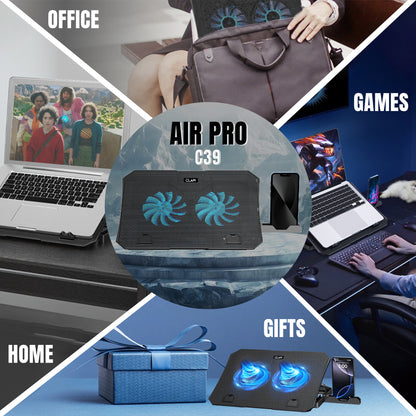 Claw Air Pro C39 - 2 Motor Laptop Cooling Pad with 2 USB Port, Adjustable Height and Mobile Stand (Black and Blue)