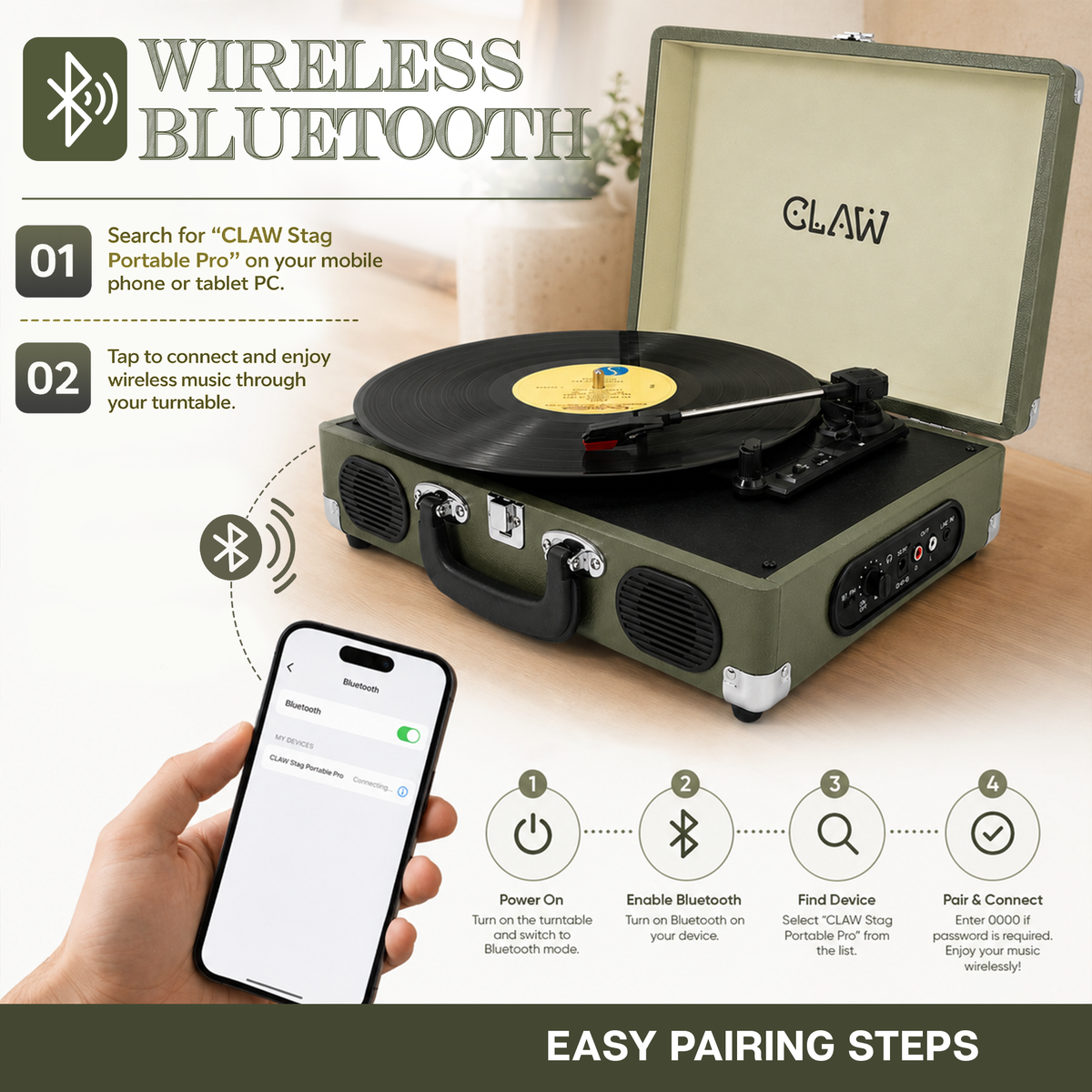 CLAW Stag Portable Pro - Bluetooth Turntable with Built-In Stereo Speaker (Celadon Cream)