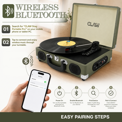 CLAW Stag Portable Pro - Bluetooth Turntable with Built-In Stereo Speaker (Celadon Cream)