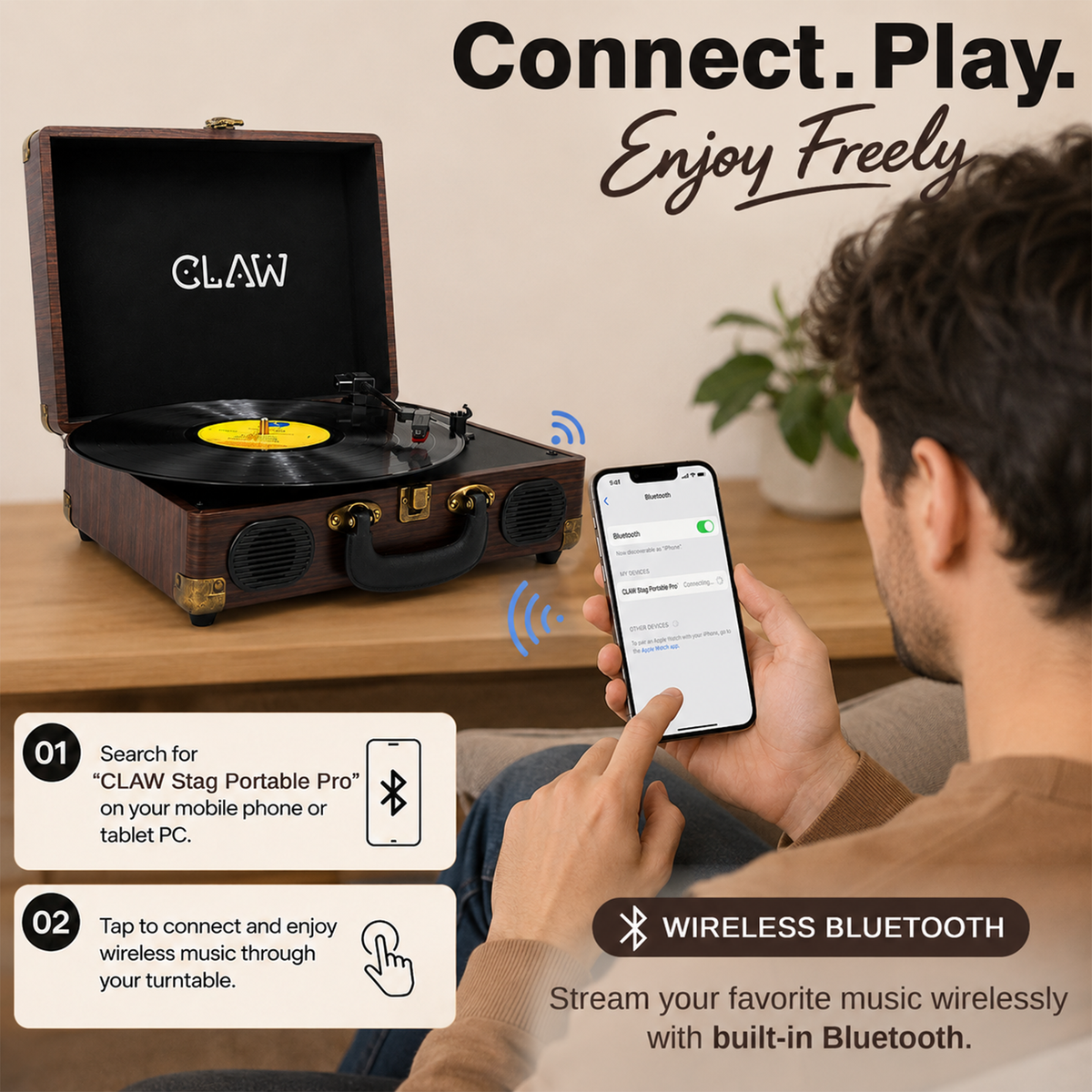 CLAW Stag Portable Pro - Bluetooth Turntable with Built-In Stereo Speaker (Brown Wood)