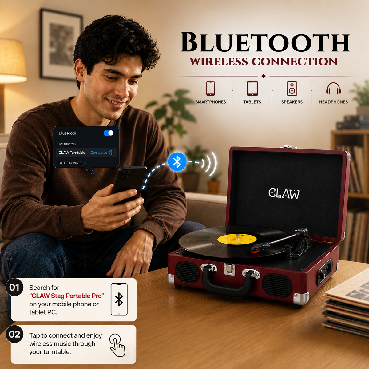 CLAW Stag Portable Pro - Bluetooth Turntable with Built-In Stereo Speaker (Wine Red)