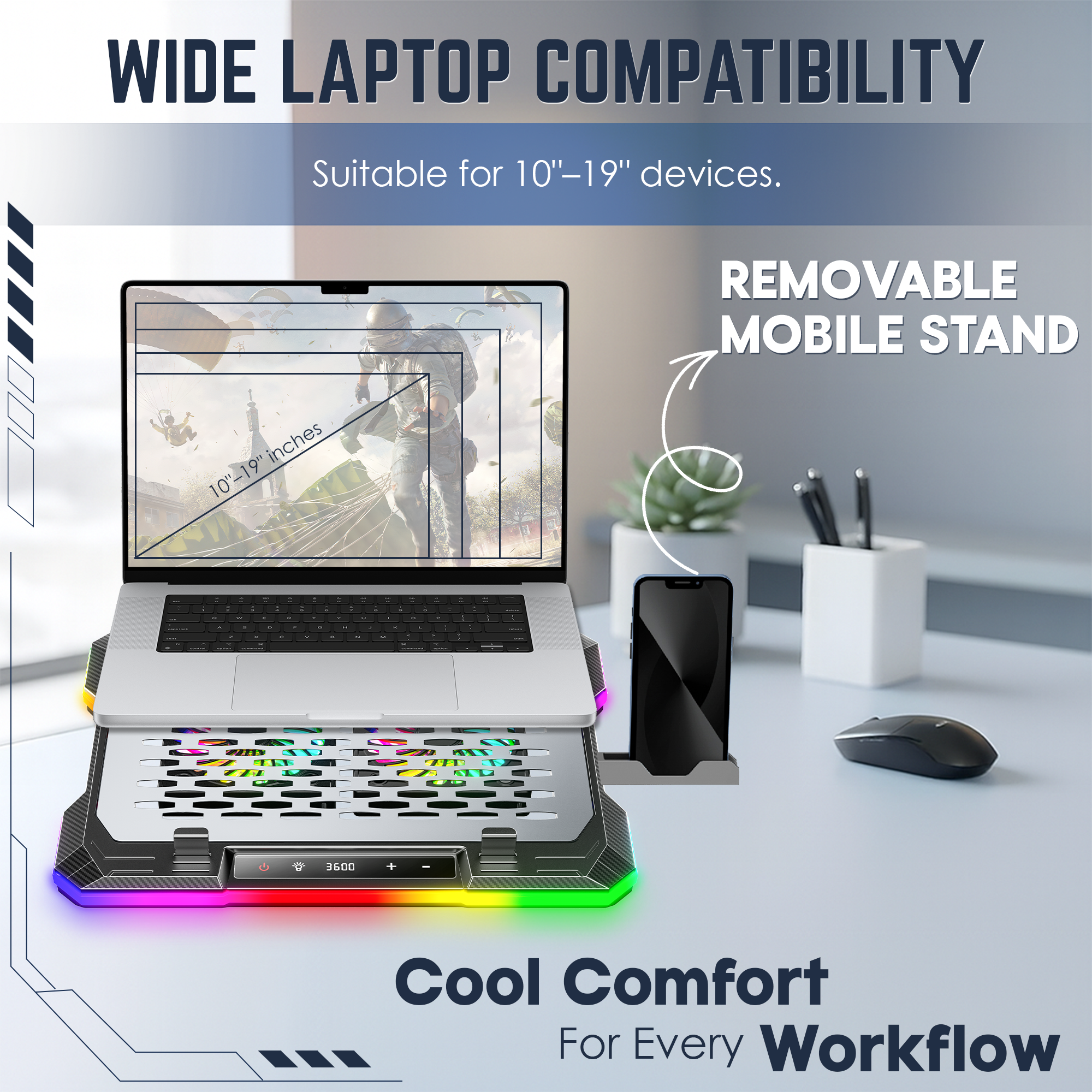 Claw Wind Pro K6 - 2 Removable Magnetic Motor RGB Laptop Cooling Pad with USB &amp; Type-C Ports , Adjustable Height and Mobile Stand