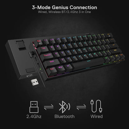 Redragon Draconic Pro K530 PRO - 60% Bluetooth+24.Ghz+Wired Mechanical Keyboard (Red Switch)