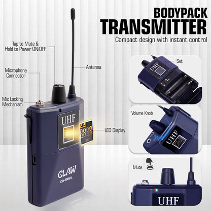 Claw CWSR50L - UHF Wireless Lavalier and Head Microphone with Bodypack Rechargeable Receiver