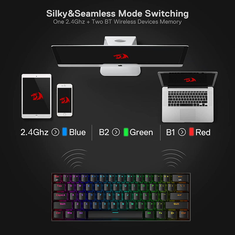 Redragon Draconic Pro K530 PRO - 60% Bluetooth+24.Ghz+Wired Mechanical Keyboard (Red Switch)