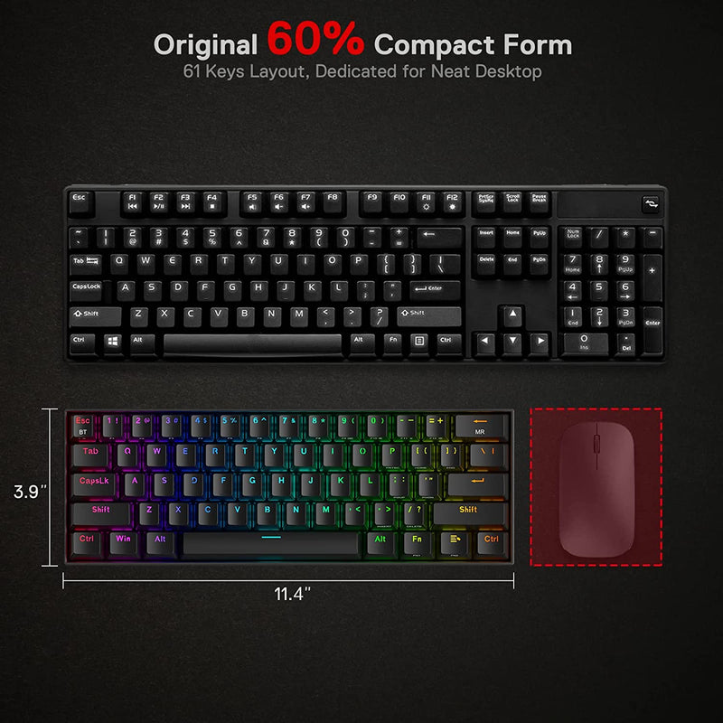 Redragon Draconic Pro K530 PRO - 60% Bluetooth+24.Ghz+Wired Mechanical Keyboard (Red Switch)