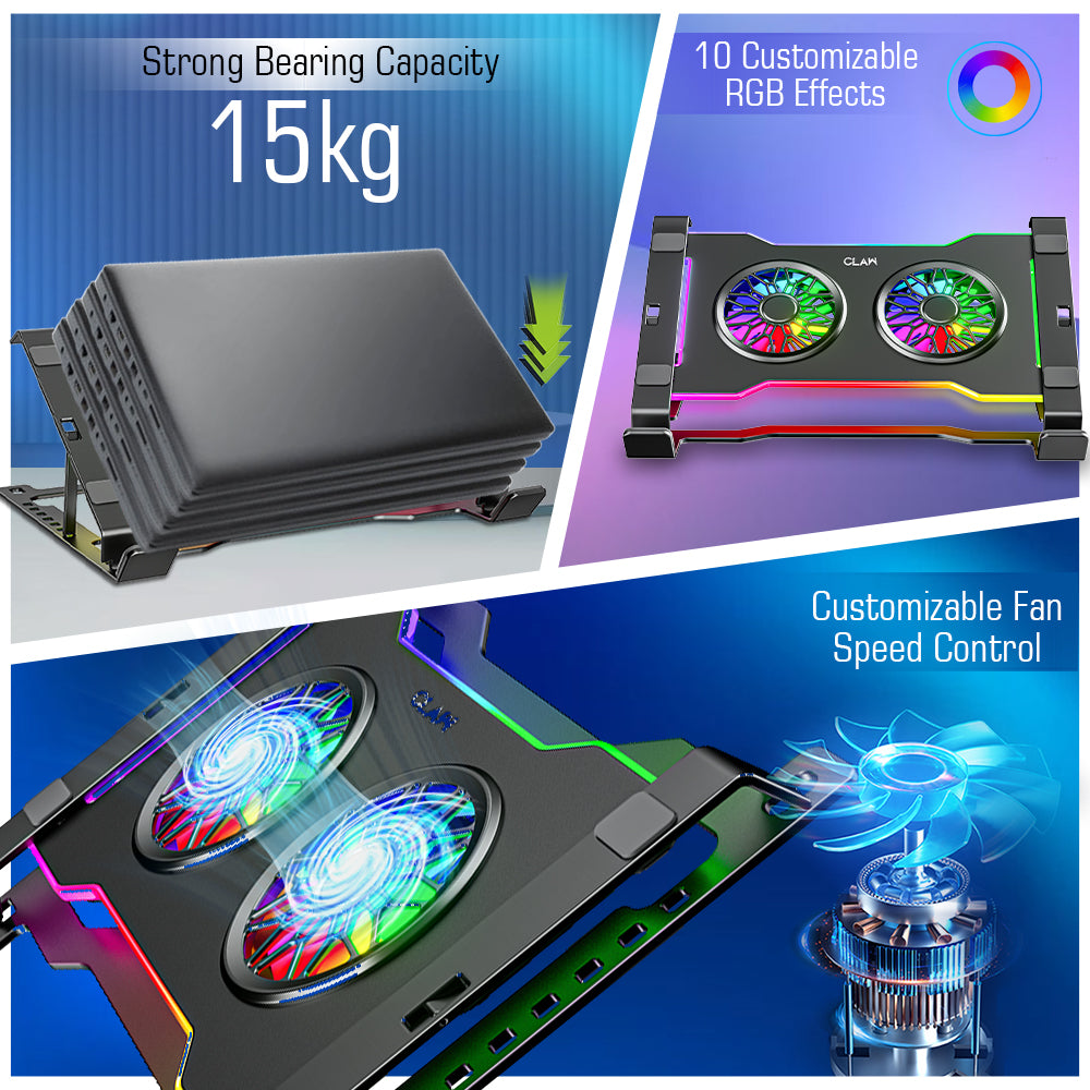 Claw Hyperlift X2 - 2 Motor RGB  Laptop Cooling Pad with 1 USB and 1 Type-C Port with Adjustable Height