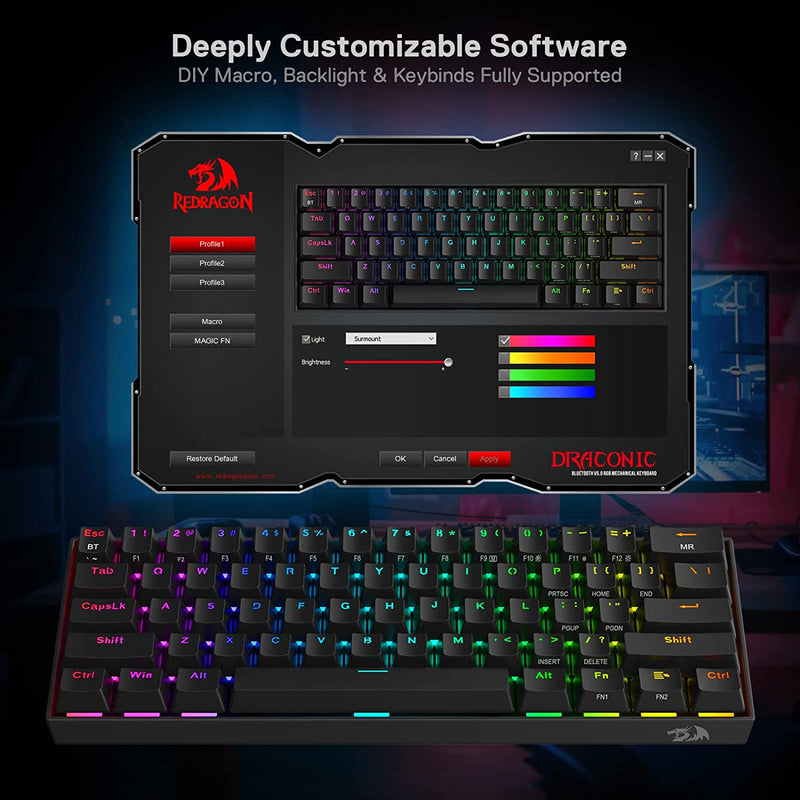 Redragon Draconic Pro K530 PRO - 60% Bluetooth+24.Ghz+Wired Mechanical Keyboard (Red Switch)