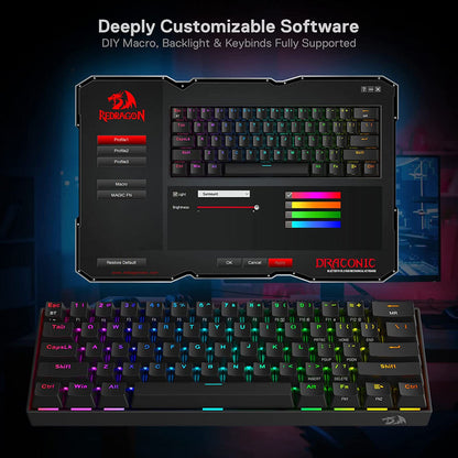 Redragon Draconic Pro K530 PRO - 60% Bluetooth+24.Ghz+Wired Mechanical Keyboard (Red Switch)