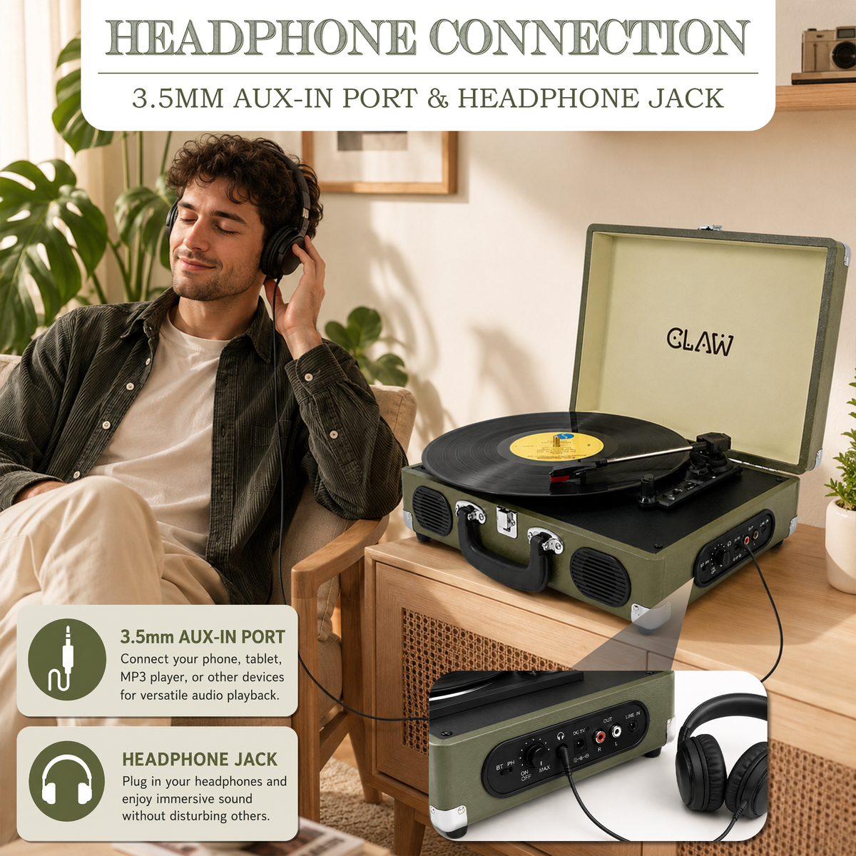 CLAW Stag Portable Pro - Bluetooth Turntable with Built-In Stereo Speaker (Celadon Cream)