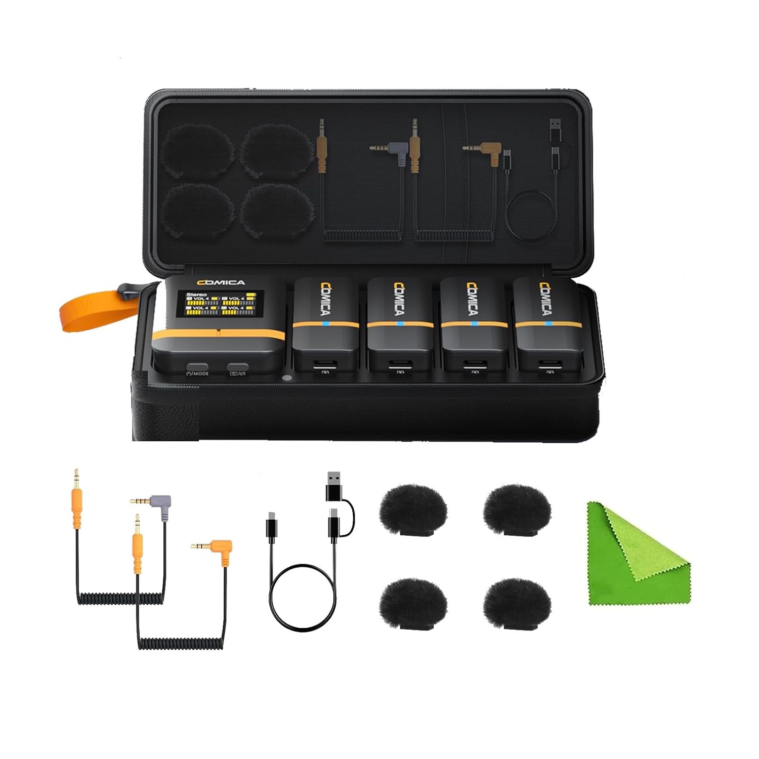 Comica Vimo Q - 4-Channel Mini Wireless Lavalier Microphone System with 4 Transmitters, 1 Receiver &amp; Charging Case for iPhone, Android, Cameras, Interviews, Vlogging &amp; YouTube