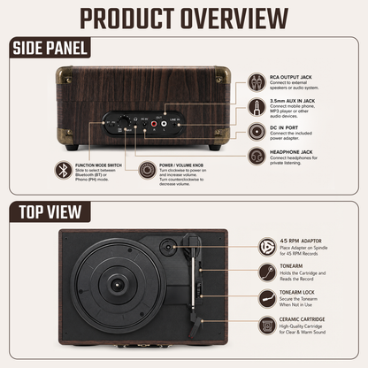 CLAW Stag Portable Pro - Bluetooth Turntable with Built-In Stereo Speaker (Brown Wood)