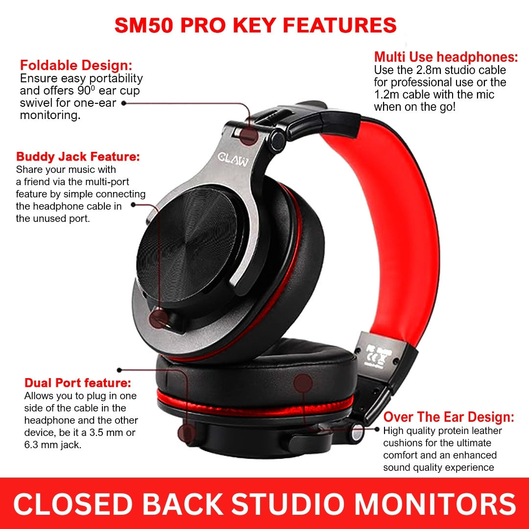 CLAW SM50 PRO - Studio Monitoring Headphone (Red) (Use Code ORIGIN10 to Get 10% DIscount)