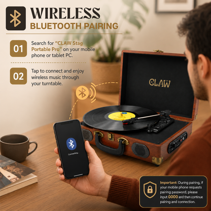 CLAW Stag Portable Pro - Bluetooth Turntable with Built-In Stereo Speaker (Red Wood)