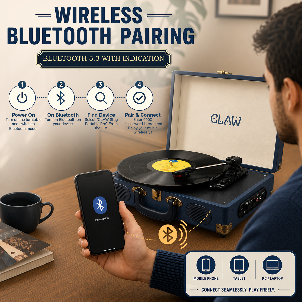 CLAW Stag Portable Pro - Bluetooth Turntable with Built-In Stereo Speaker (Dark Blue)