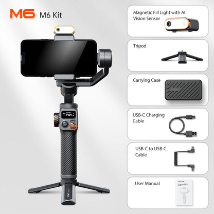 Hohem M6 Kit - 3 Axis Mobile Gimbal with OLED Display and Magnetic Fill Light with AI Vision Sensor