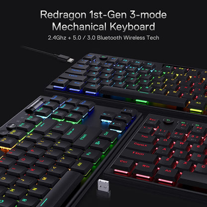Redragon Horus K621 PRO TKL Wired+2.4Ghz+BT Mechanical Keyboard Black (Red Switch)