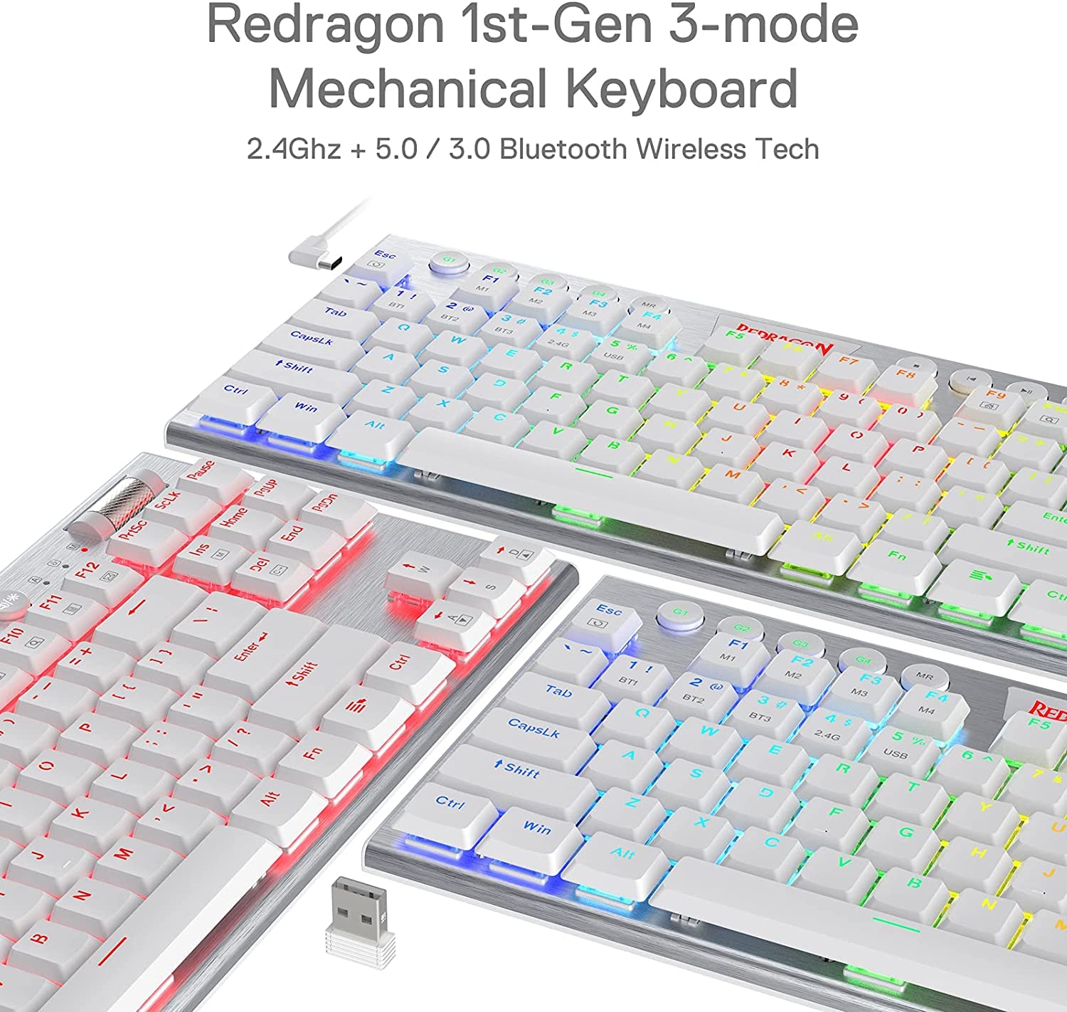 Redragon Horus K621 PRO TKL Wired+2.4Ghz+BT Mechanical Keyboard White (Red Switch)