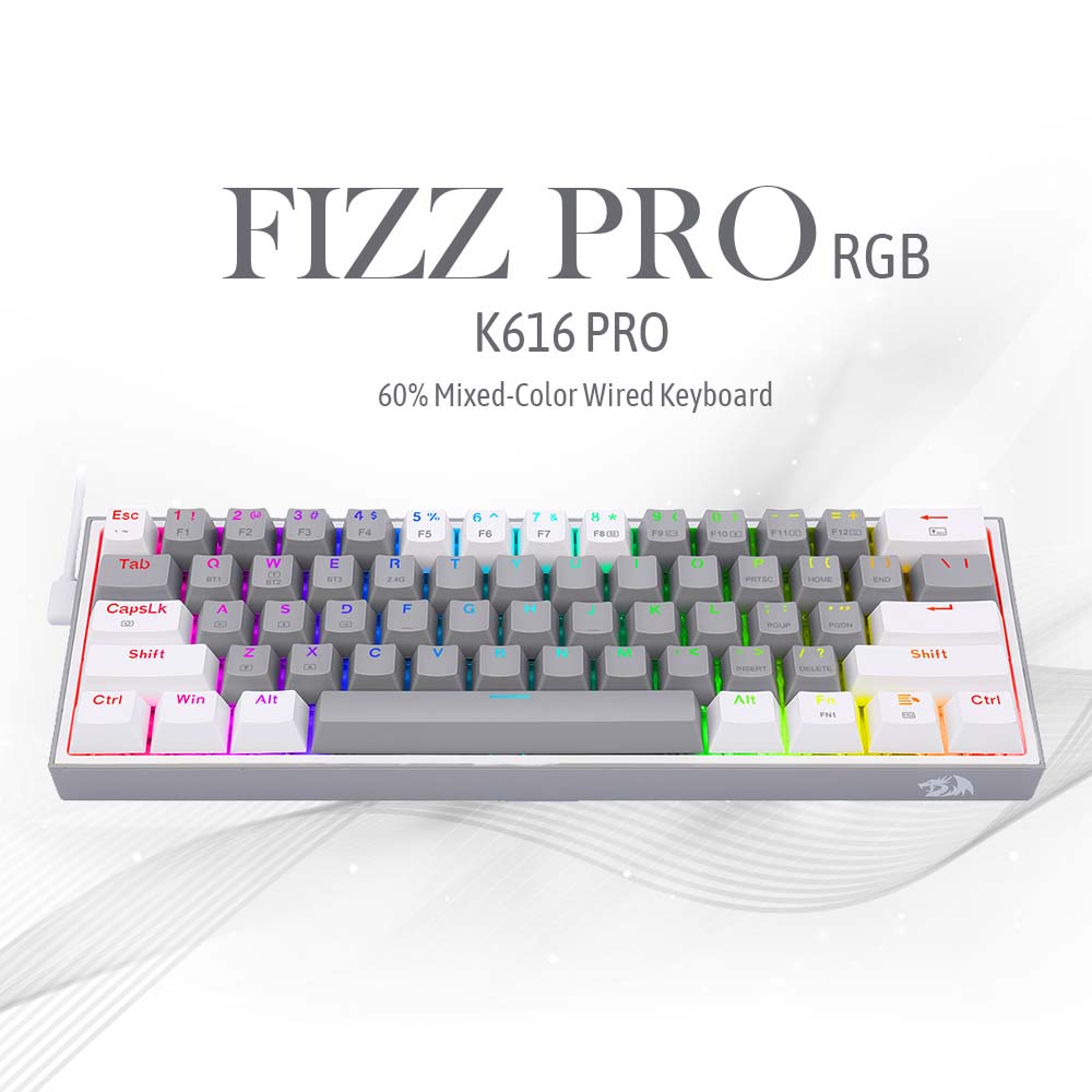 Redragon Fizz Pro K616 - 60% Wired+2.4ghz+Bt Mechanical Keyboard Grey and White (Red Switch)
