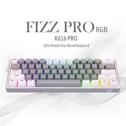 Redragon Fizz Pro K616 - 60% Wired+2.4ghz+Bt Mechanical Keyboard Grey and White (Red Switch)