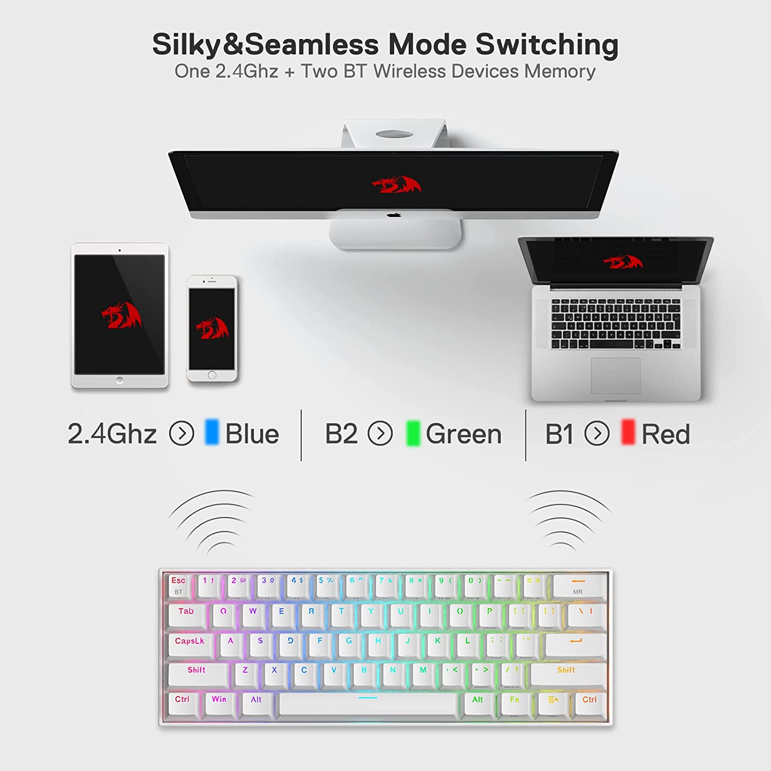 Redragon Draconic Pro K530 Pro - 60% Bluetooth+2.4Ghz+Wired Mechanical Keyboard White (Red Switch)