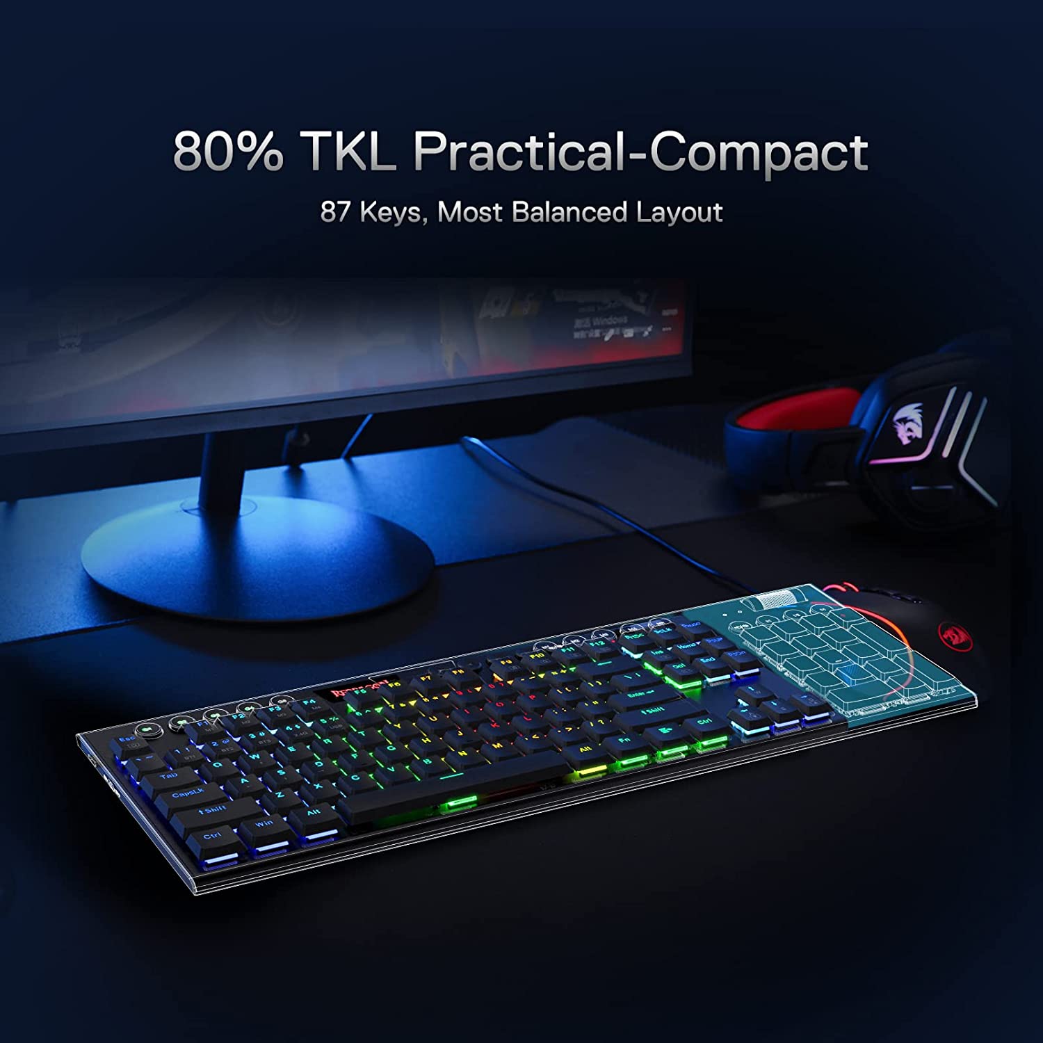 Redragon Horus K621 PRO TKL Wired+2.4Ghz+BT Mechanical Keyboard Black (Red Switch)