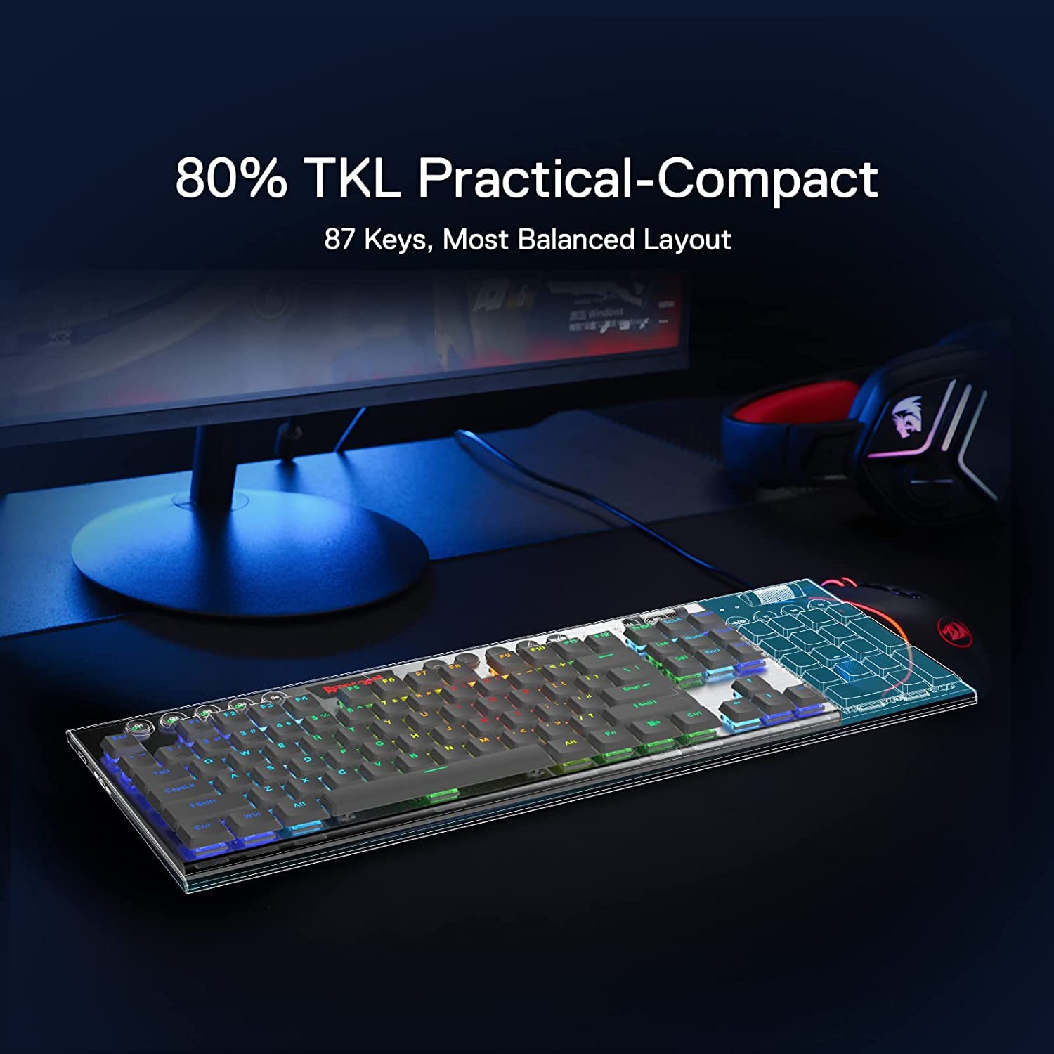 Redragon Horus K621 PRO TKL Wired+2.4Ghz+BT Mechanical Keyboard White (Red Switch)