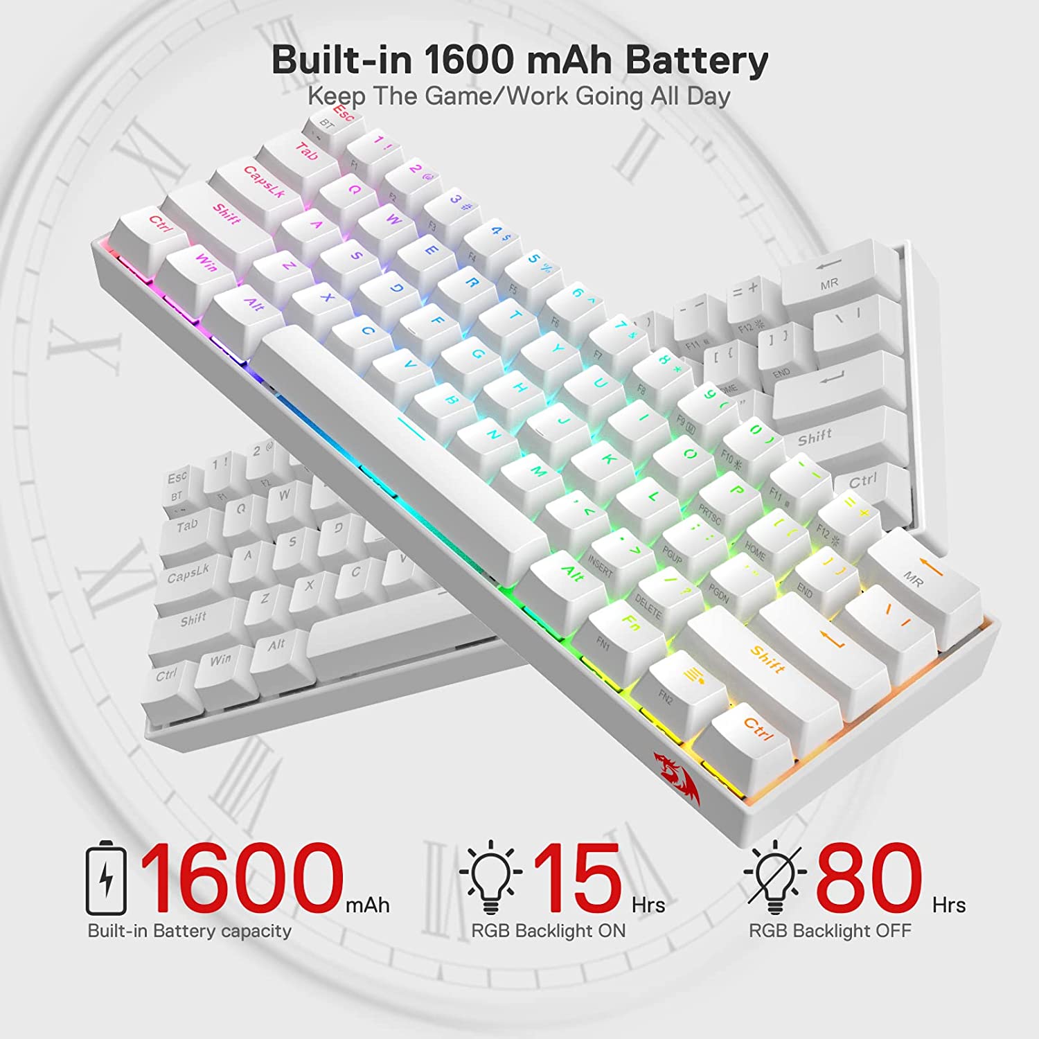 Redragon Draconic Pro K530 Pro - 60% Bluetooth+2.4Ghz+Wired Mechanical Keyboard White (Red Switch)
