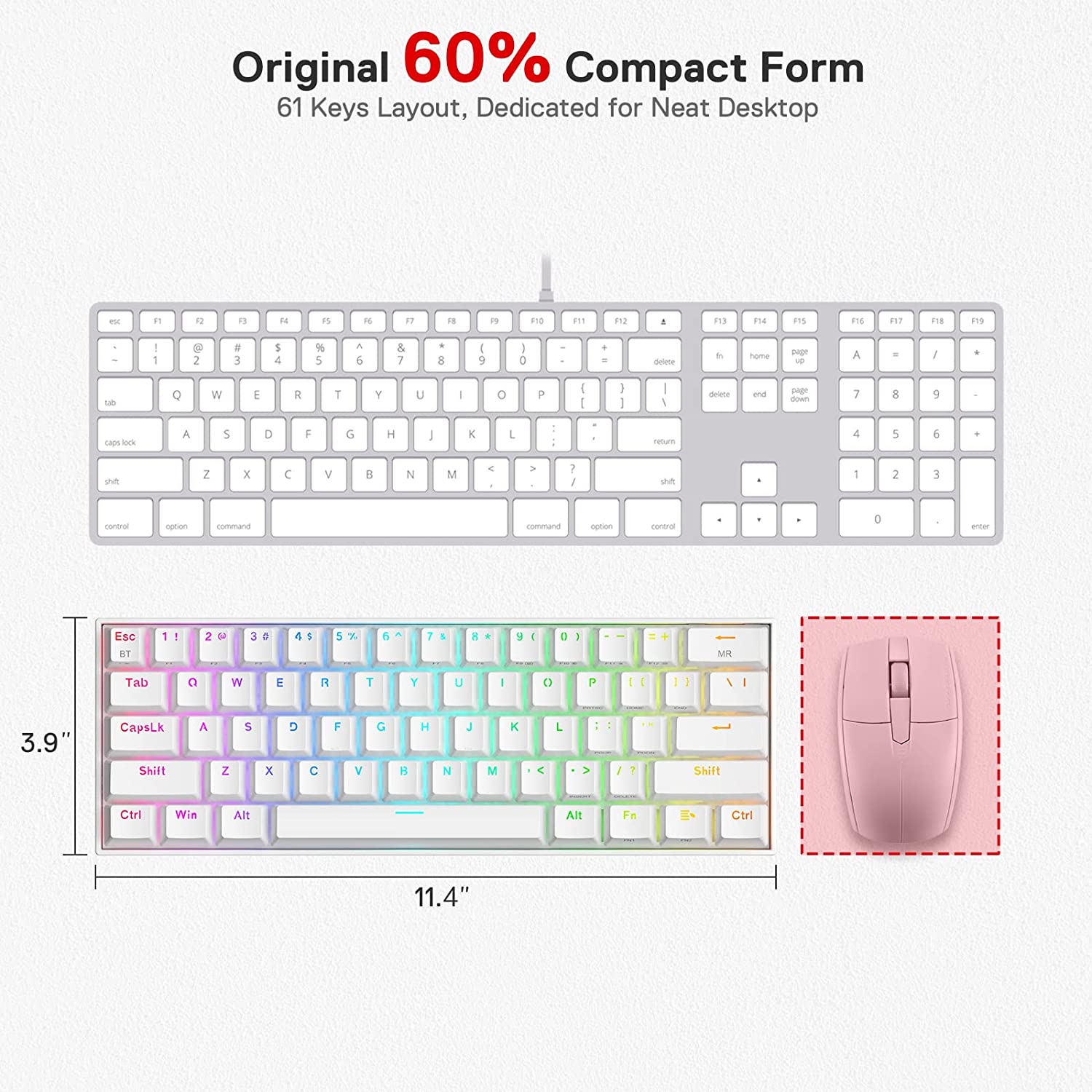 Redragon Draconic Pro K530 Pro - 60% Bluetooth+2.4Ghz+Wired Mechanical Keyboard White (Red Switch)