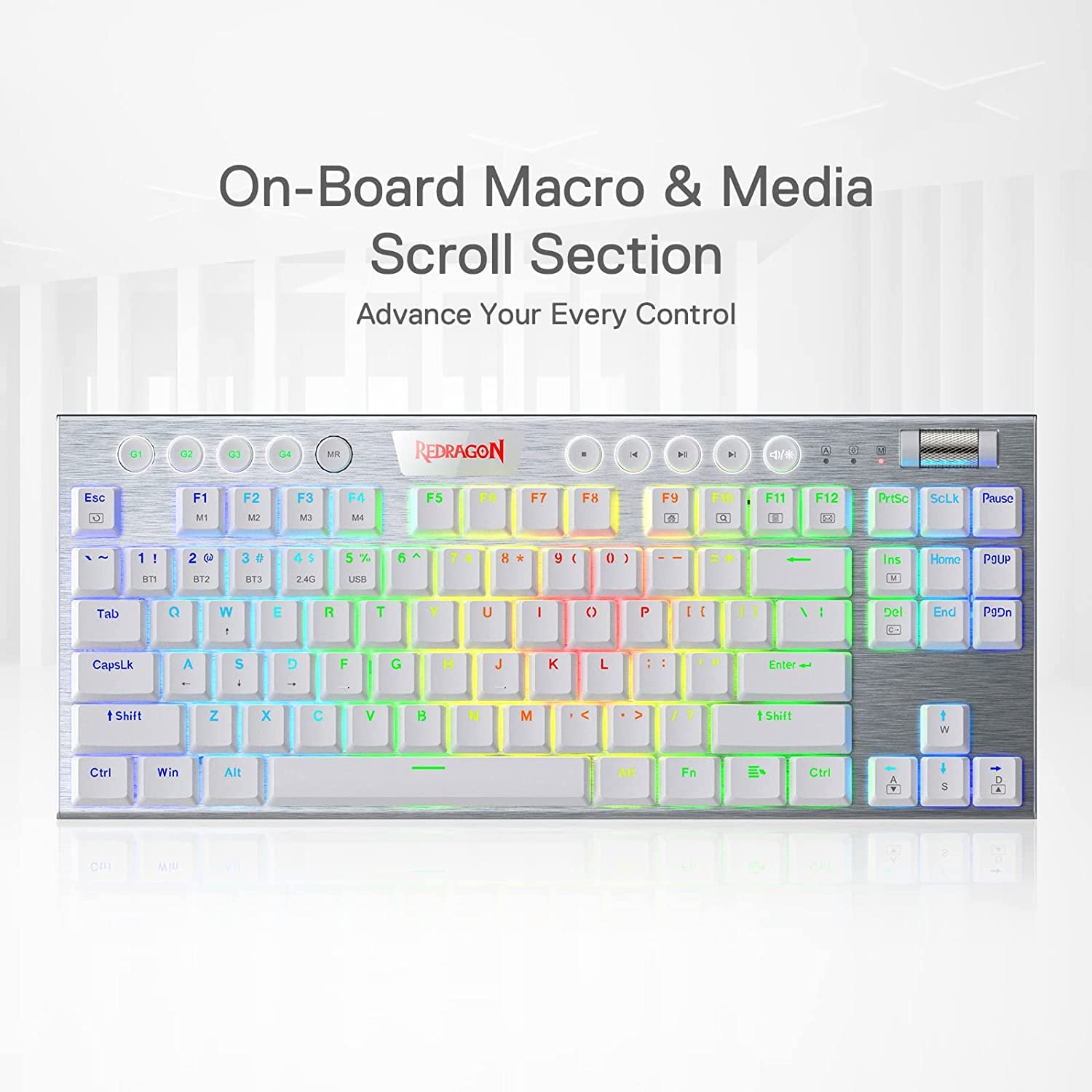 Redragon Horus K621 PRO TKL Wired+2.4Ghz+BT Mechanical Keyboard White (Red Switch)