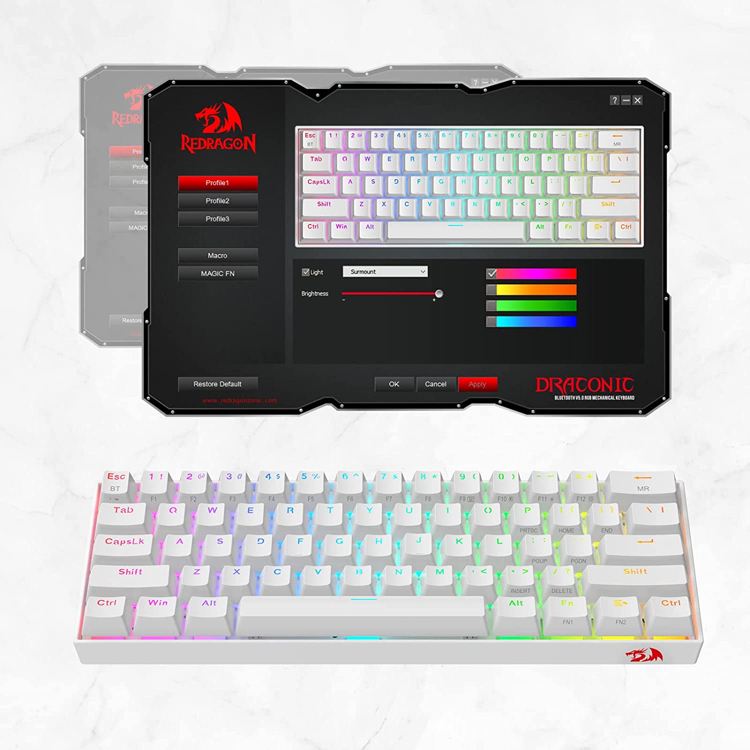 Redragon Draconic Pro K530 Pro - 60% Bluetooth+2.4Ghz+Wired Mechanical Keyboard White (Red Switch)