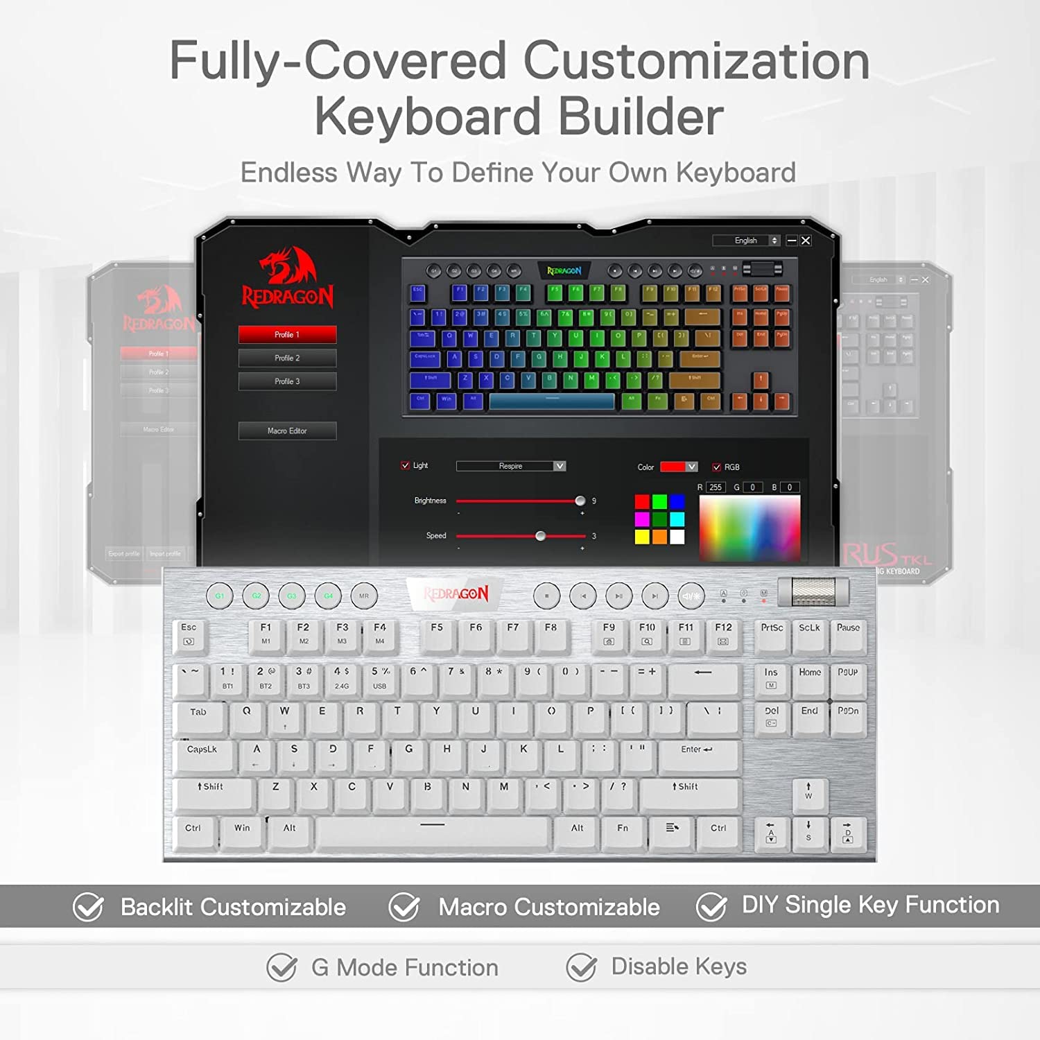 Redragon Horus K621 PRO TKL Wired+2.4Ghz+BT Mechanical Keyboard White (Red Switch)