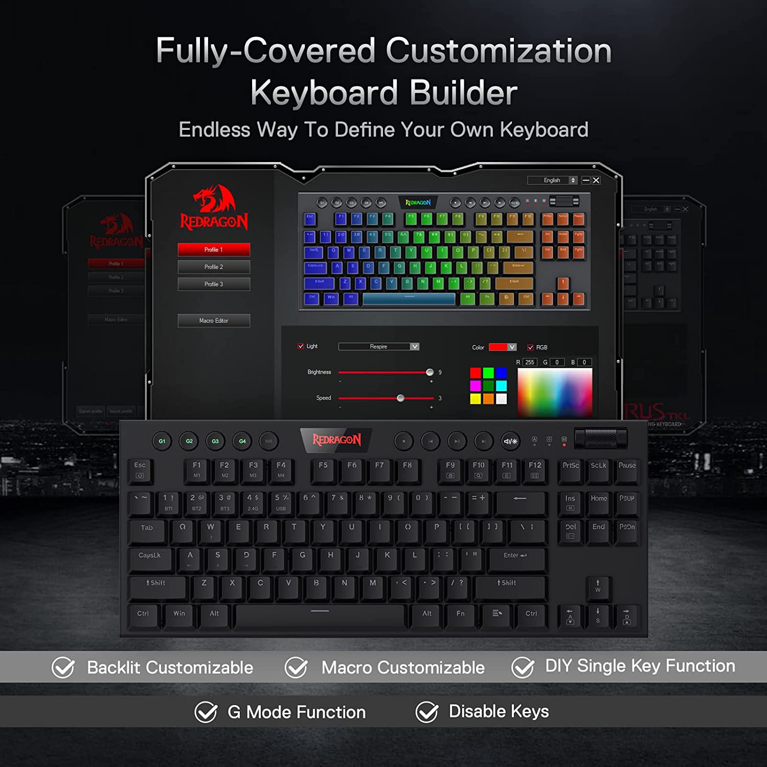 Redragon Horus K621 PRO TKL Wired+2.4Ghz+BT Mechanical Keyboard Black (Red Switch)