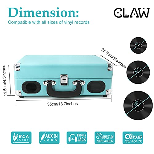 Refurbished CLAW Stag Portable - Turntable with Built-in Stereo Speakers (Blue)