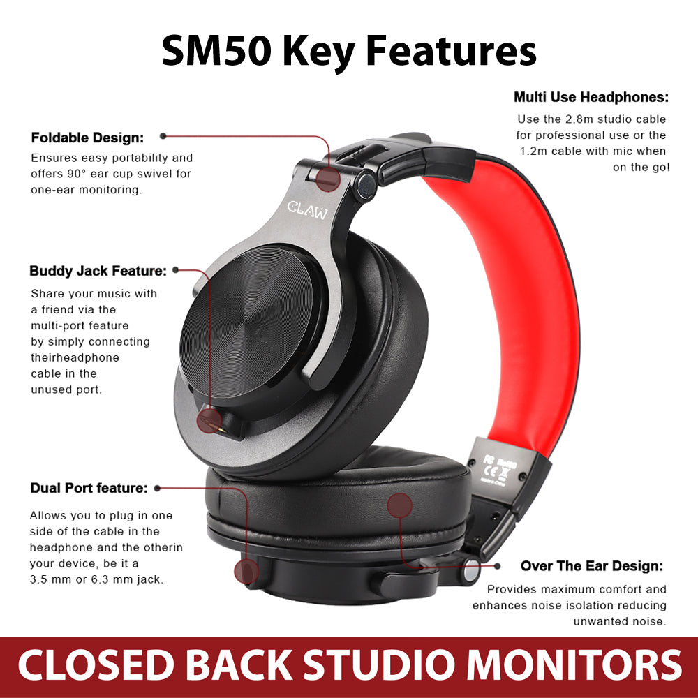 Refurbished CLAW SM50 - Studio Monitoring Wired Headphone (Red)